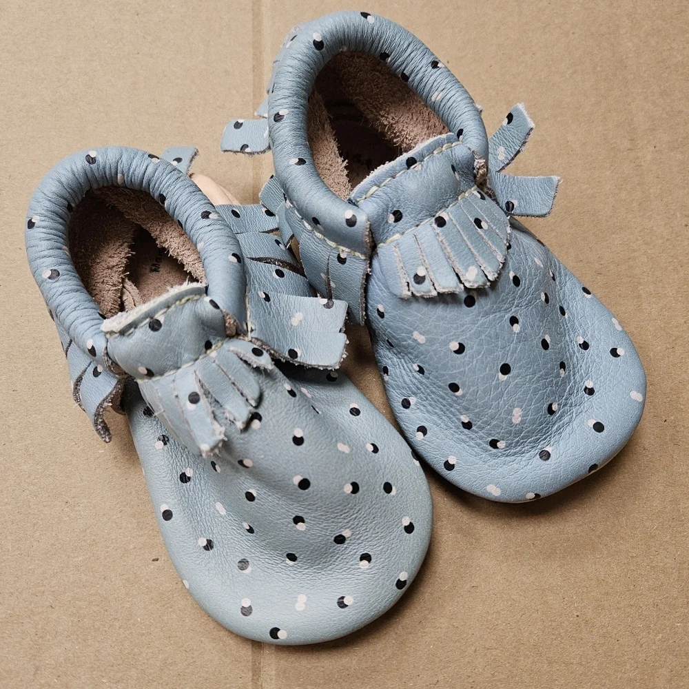 Freshly Picked 5 Baby Boy Girl Sky Blue Mocassins Leather Polka Dot Pattern Shoe